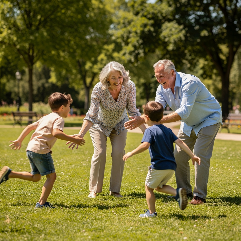Abuelos jugando con nietos en parque verde soleado, familia activa y feliz