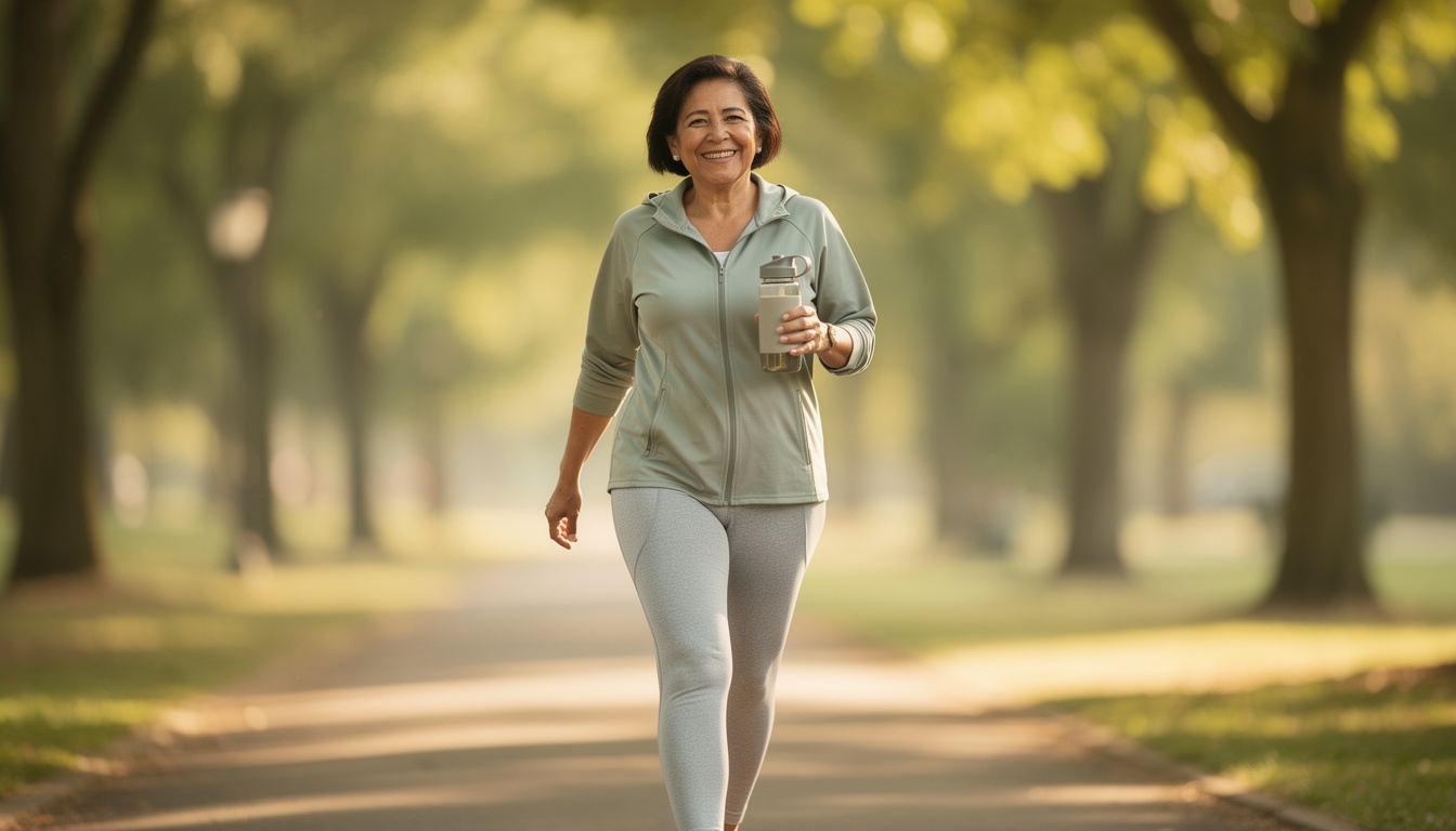 Mujer de 50 años caminando en parque con ropa deportiva casual, activa y sonriente